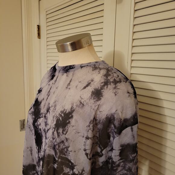 Sheer Tie Dye Mesh Long Sleeve Top Black Gray Stretchy Layering L XL - Picture 2 of 7